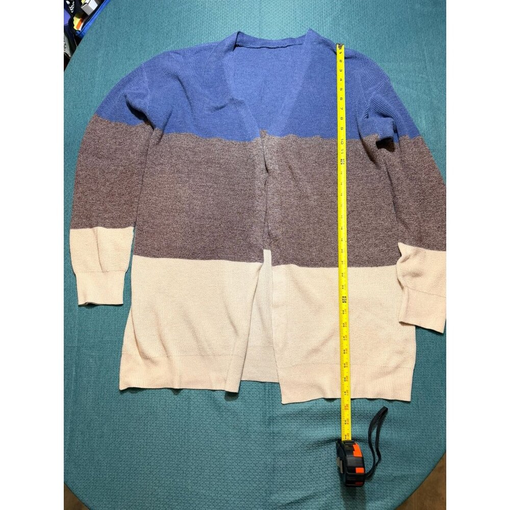 Colorblock Open Front Cardigan Sweater XL Blue/Brown/Cream Lightweigh